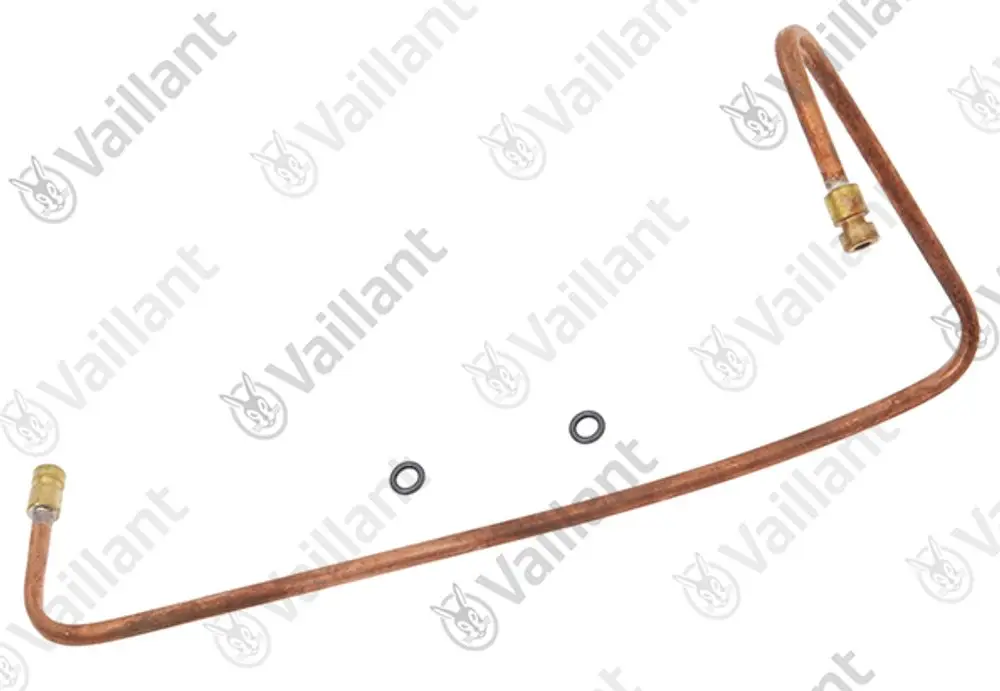 Kupferrohr von Vaillant mit zwei Anschlüssen und O-Ringen. Das Produkt weist eine gebogene Form auf und ist Teil einer Steuerleitung.